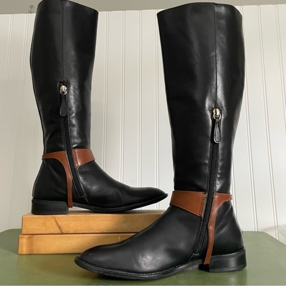 DSQUARED Tall Leather Riding Boots in Black w Tan Trim - Picture 13 of 16